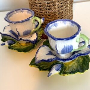 Teacups And Saucer Set Of 2 Blue Chadwick Flower Cup Leaf Saucer Japan Rare